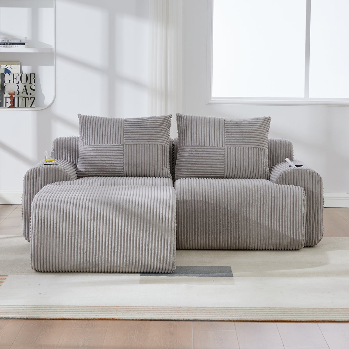 Light Grey Corduroy 2-Seater Modular Sofa with Ottoman — detail 14