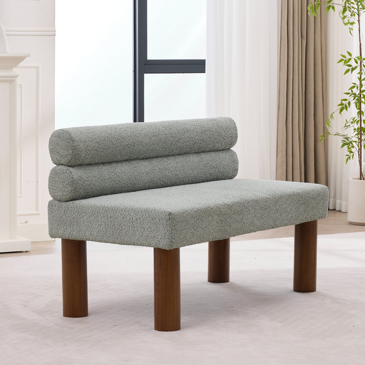 Green Bouclé Upholstered Bench with Backrest — detail 15
