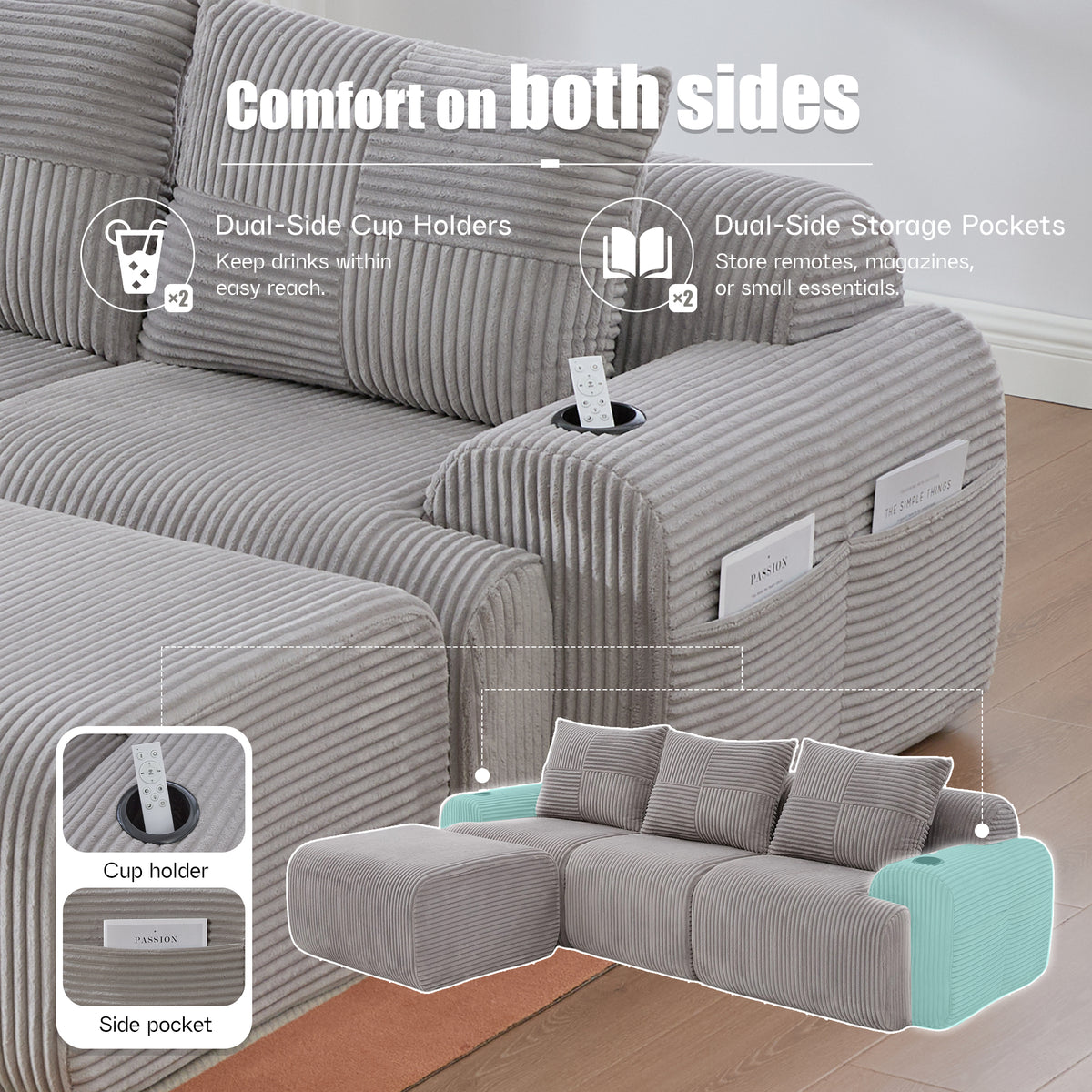 Light Grey Corduroy 3-Seater Modular Sofa with Ottoman — detail 7