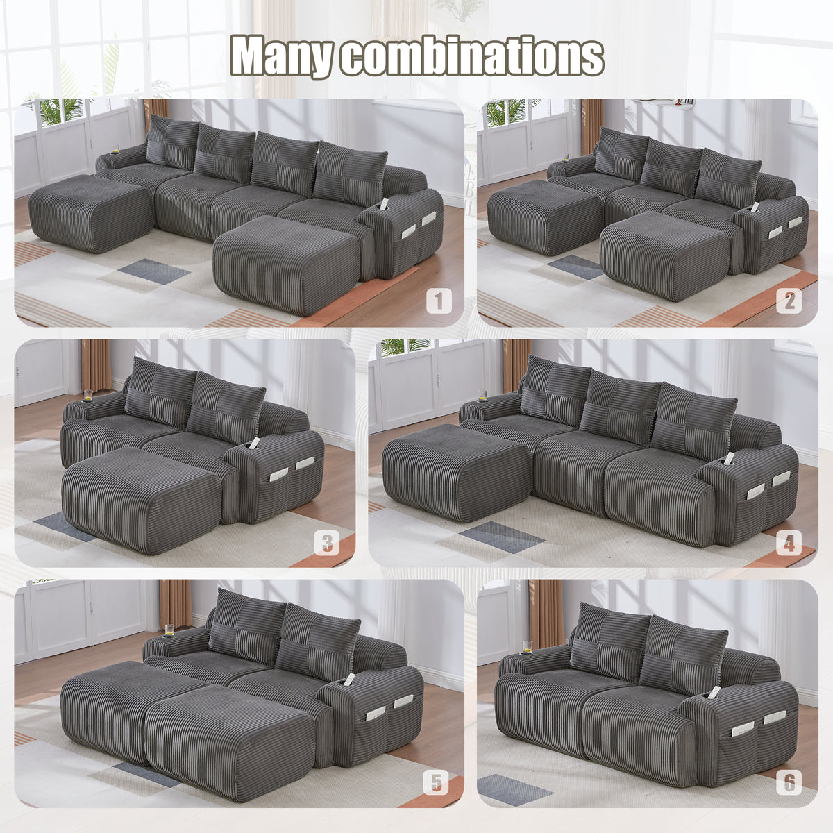 Dark Grey Corduroy 2-Seater Modular Sofa with Ottoman — detail 4