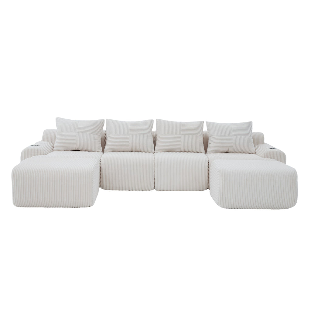 Beige Corduroy 4-Seater Modular Sofa with Two Ottomans — detail 19