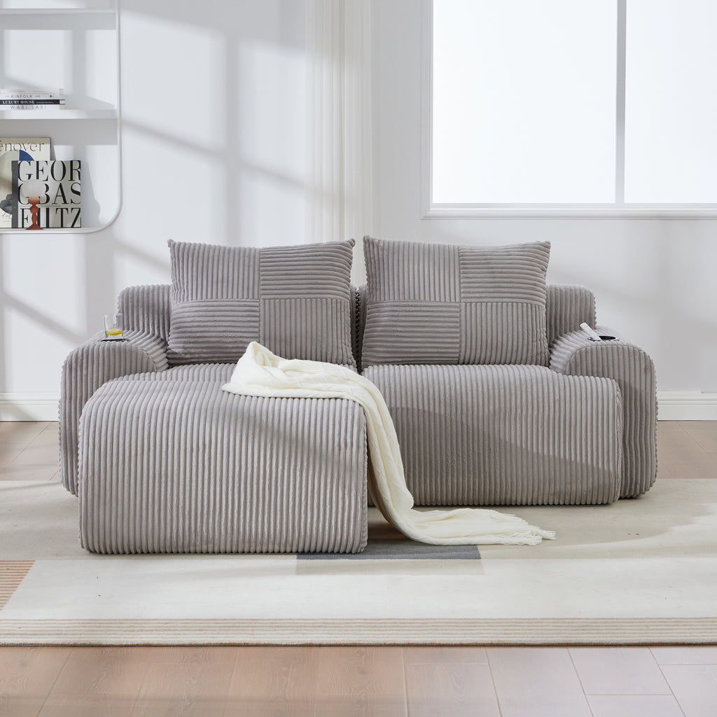 Light Grey Corduroy 2-Seater Modular Sofa with Ottoman — detail 15
