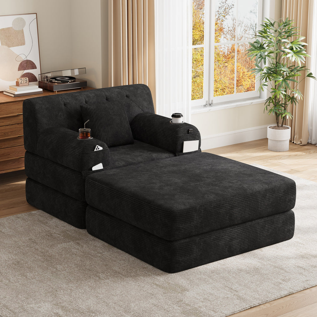 Black Corduroy Sleeper Chair with Ottoman — detail 4