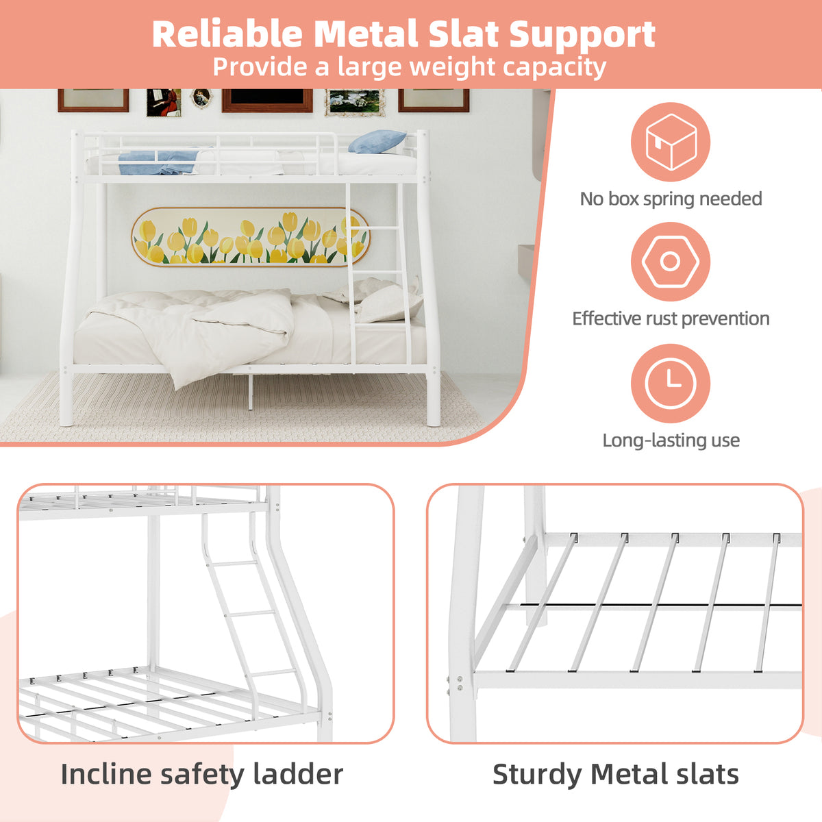 White Metal Bunk Bed – Single over Double — detail 6
