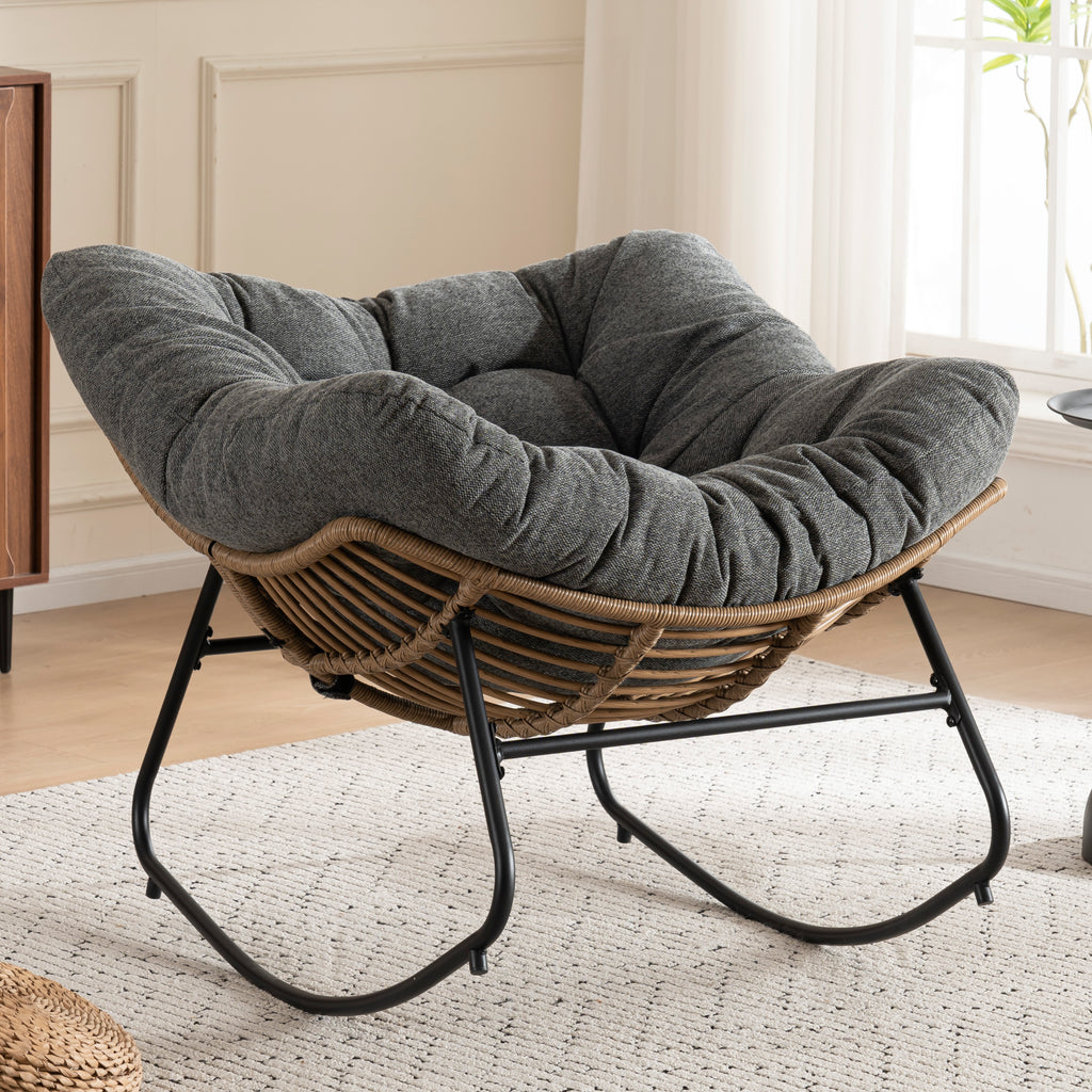 Grey Oversized Rattan Rocking Chair with Cushion — product view