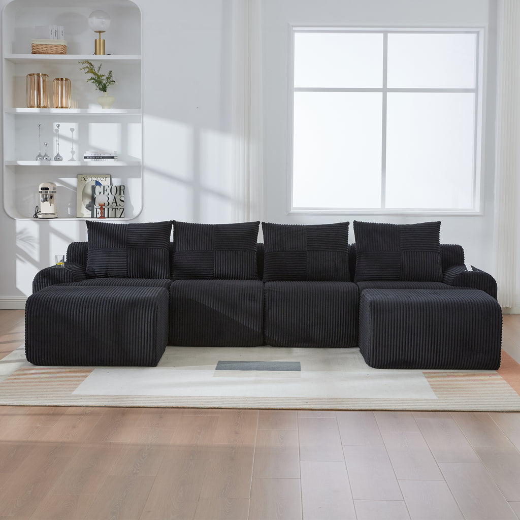Black Corduroy 4-Seater Modular Sofa with Two Ottomans — detail 10