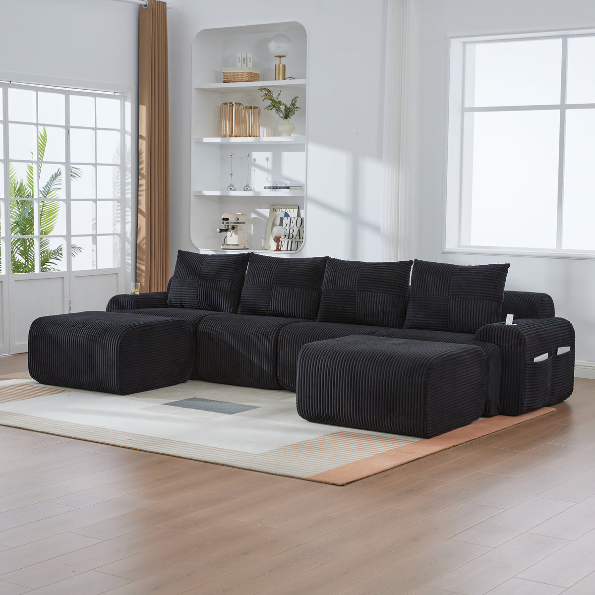 Black Corduroy 4-Seater Modular Sofa with Two Ottomans — detail 14