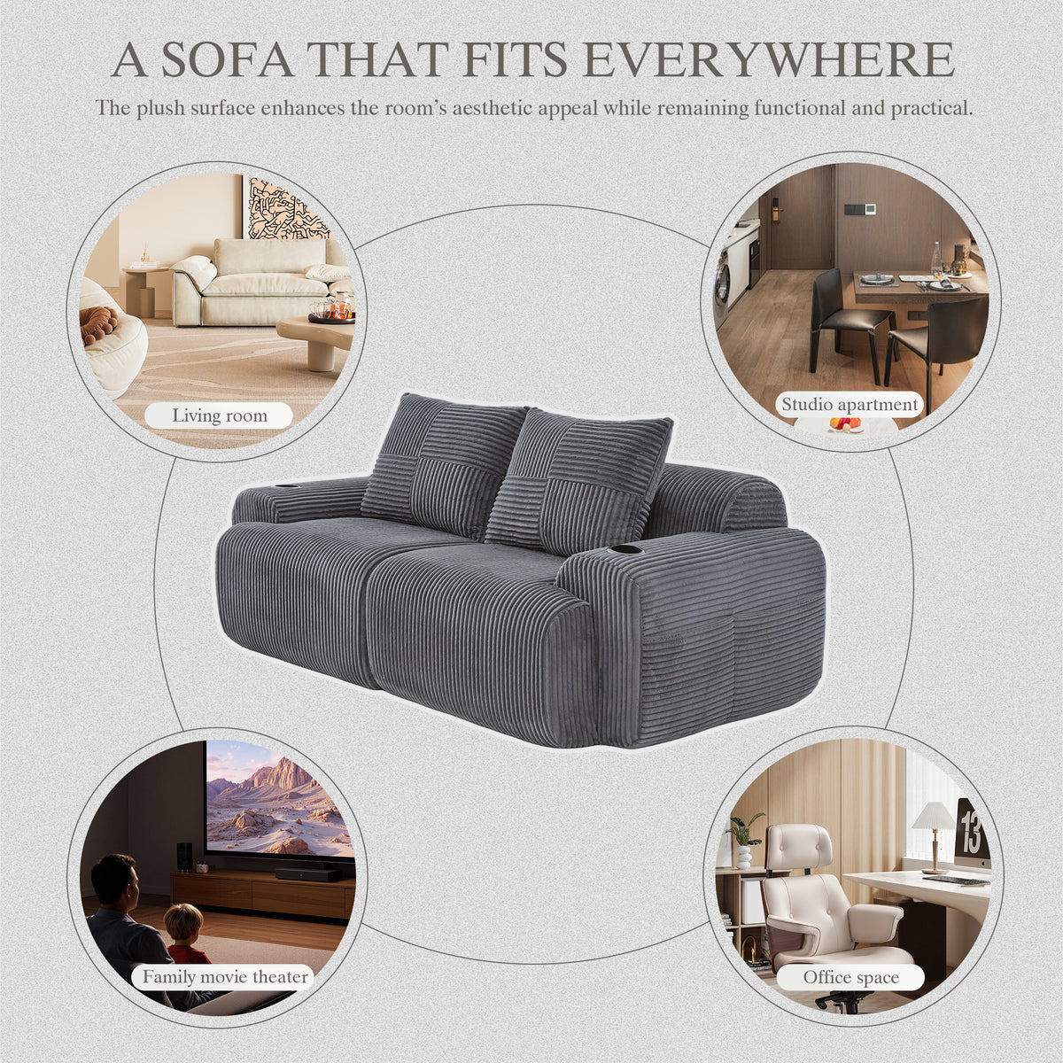 Dark Grey Corduroy 2-Seater Modular Sofa — detail 8