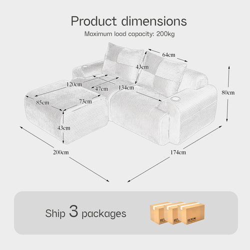 Beige Corduroy 2-Seater Modular Sofa with Ottoman — detail 2