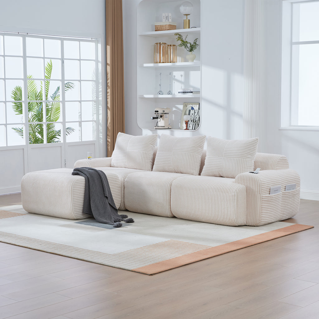 Beige Corduroy 3-Seater Modular Sofa with Ottoman — product view