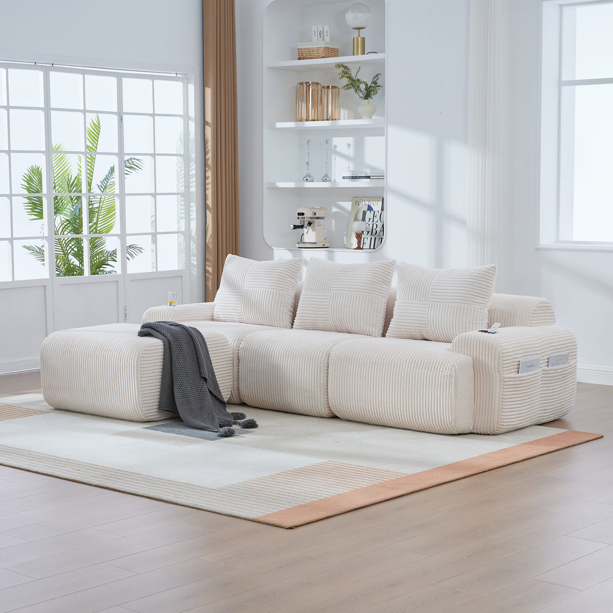 Beige Corduroy 3-Seater Modular Sofa with Ottoman — product view