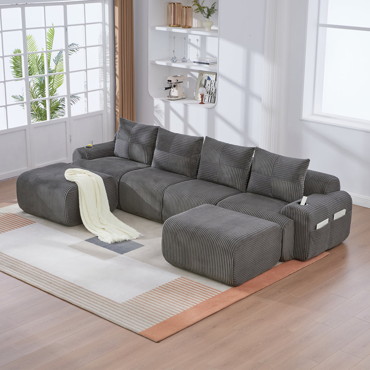 Dark Grey Corduroy 4-Seater Modular Sofa with Two Ottomans — detail 9