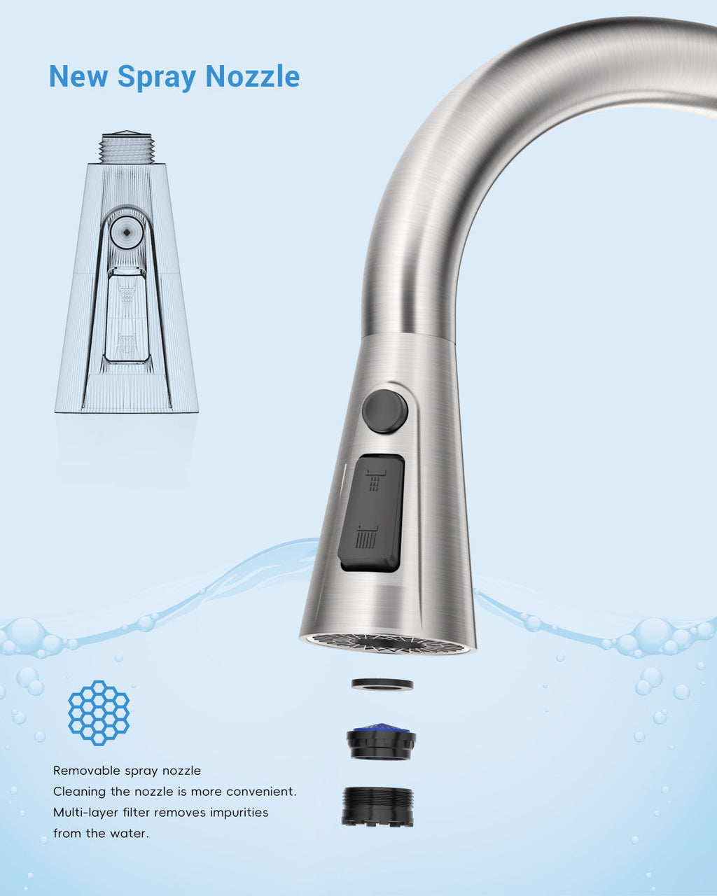 DAYONE Brushed Steel Pull-Out Kitchen Mixer Tap — detail view 4