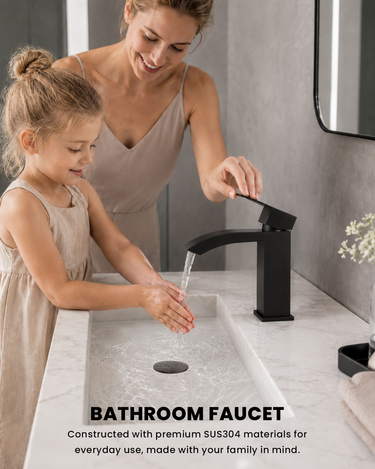 DAYONE Matte Black Waterfall Basin Mixer Tap with Pop-Up Waste — detail view 2