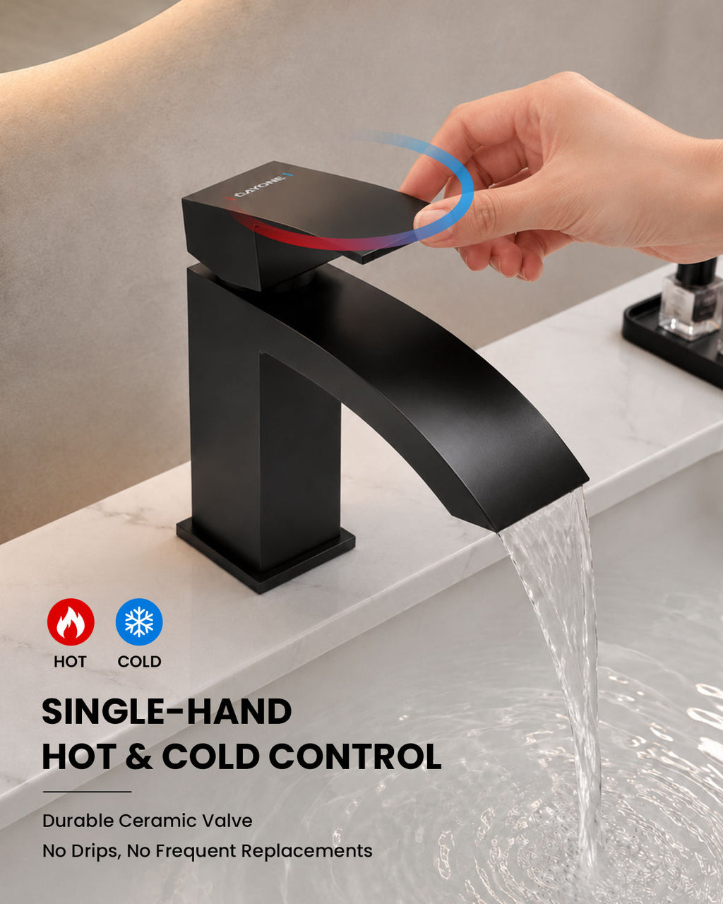 DAYONE Matte Black Waterfall Basin Mixer Tap with Pop-Up Waste — detail view 3