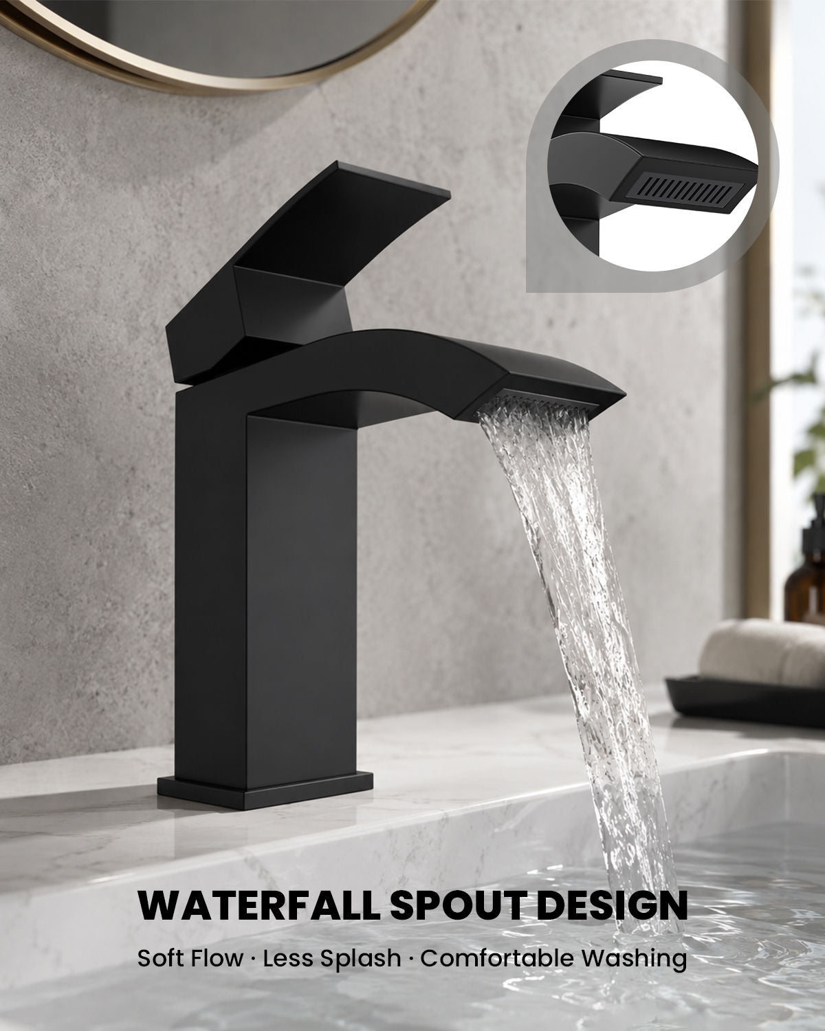 DAYONE Matte Black Waterfall Basin Mixer Tap with Pop-Up Waste — detail view 4