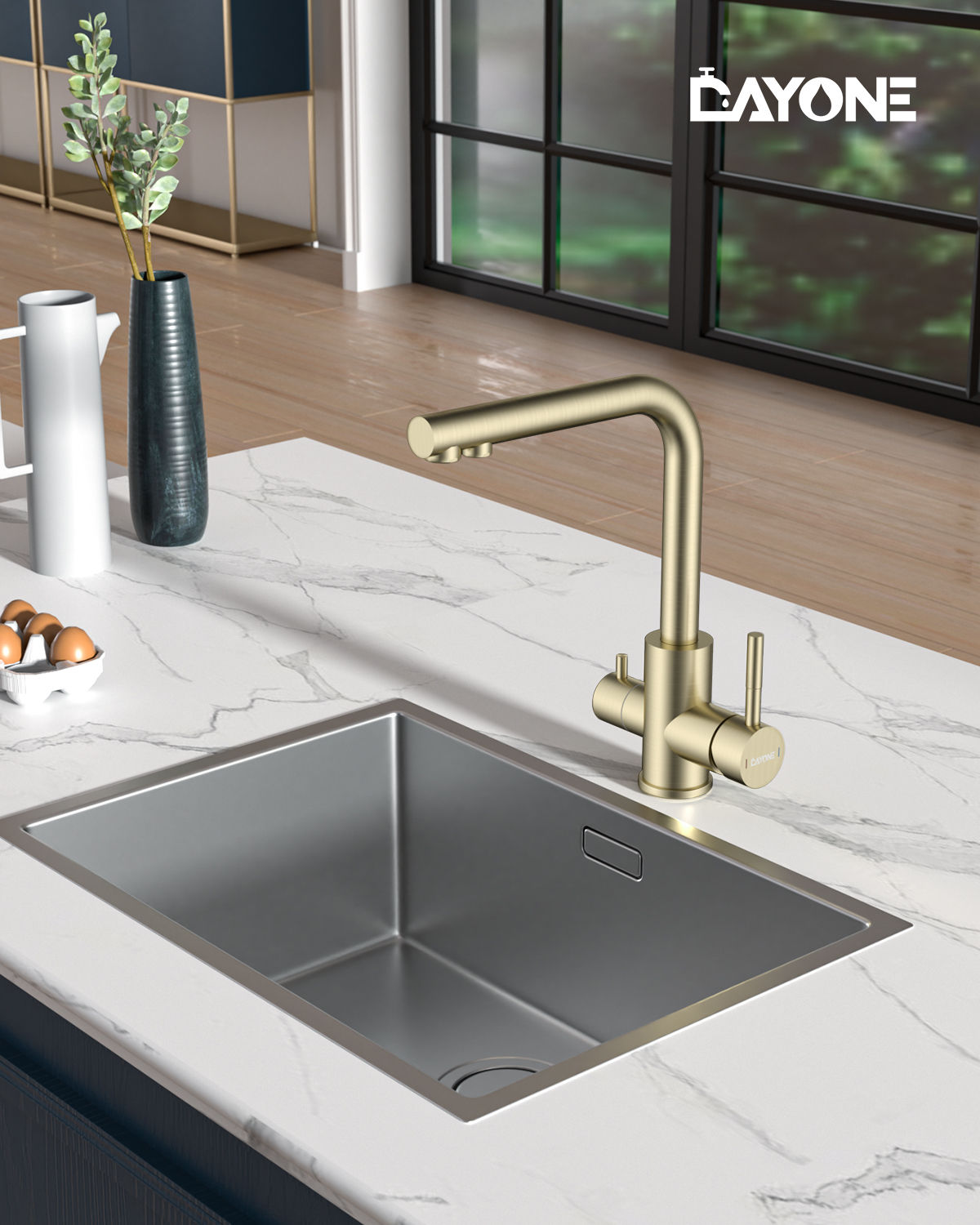DAYONE Brushed Gold 3-Way Kitchen Mixer Tap — detail view 3