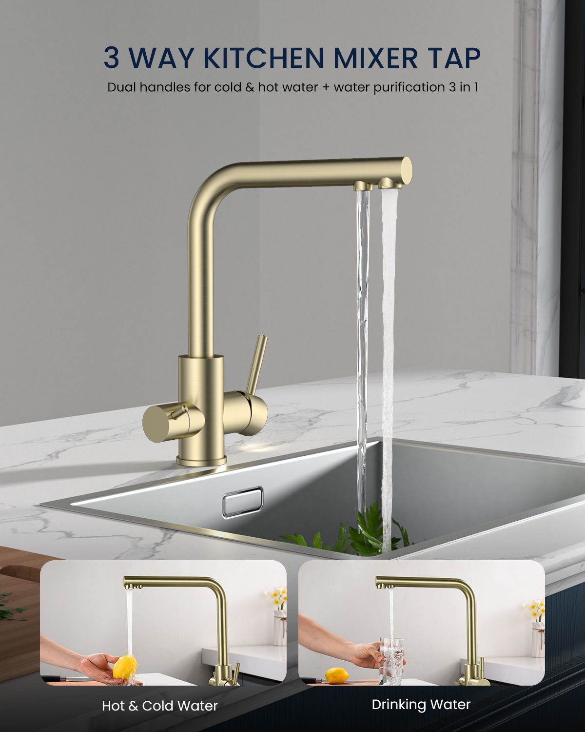 DAYONE Brushed Gold 3-Way Kitchen Mixer Tap — detail view 4