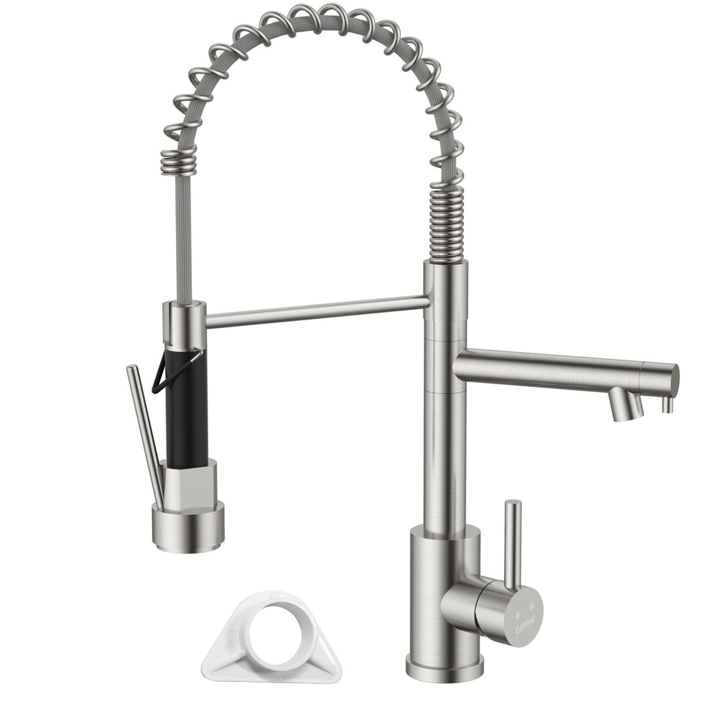 DAYONE Brushed Steel Dual Spout Spring Kitchen Mixer Tap — product view