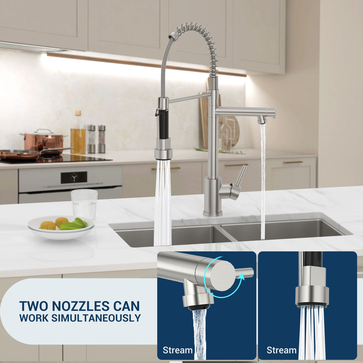 DAYONE Brushed Steel Dual Spout Spring Kitchen Mixer Tap — detail view 2