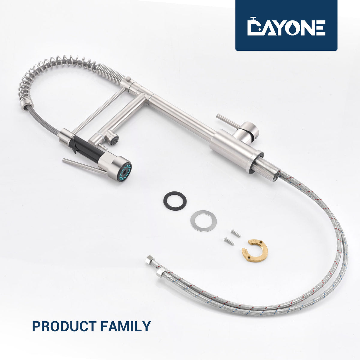 DAYONE Brushed Steel Dual Spout Spring Kitchen Mixer Tap — detail view 5