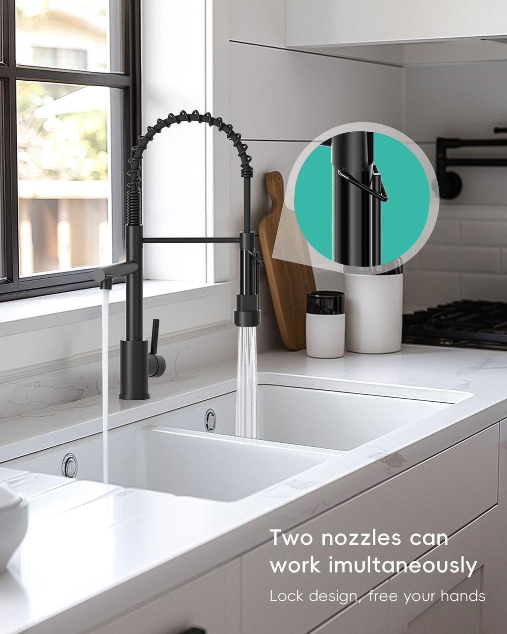 DAYONE Matte Black Dual Spout Spring Kitchen Mixer Tap — detail view 2