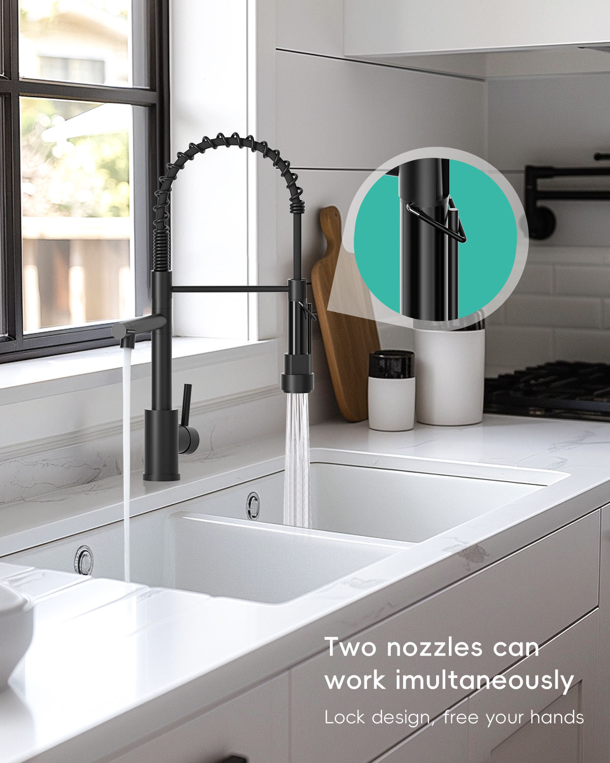 DAYONE Matte Black Dual Spout Spring Kitchen Mixer Tap — detail view 2