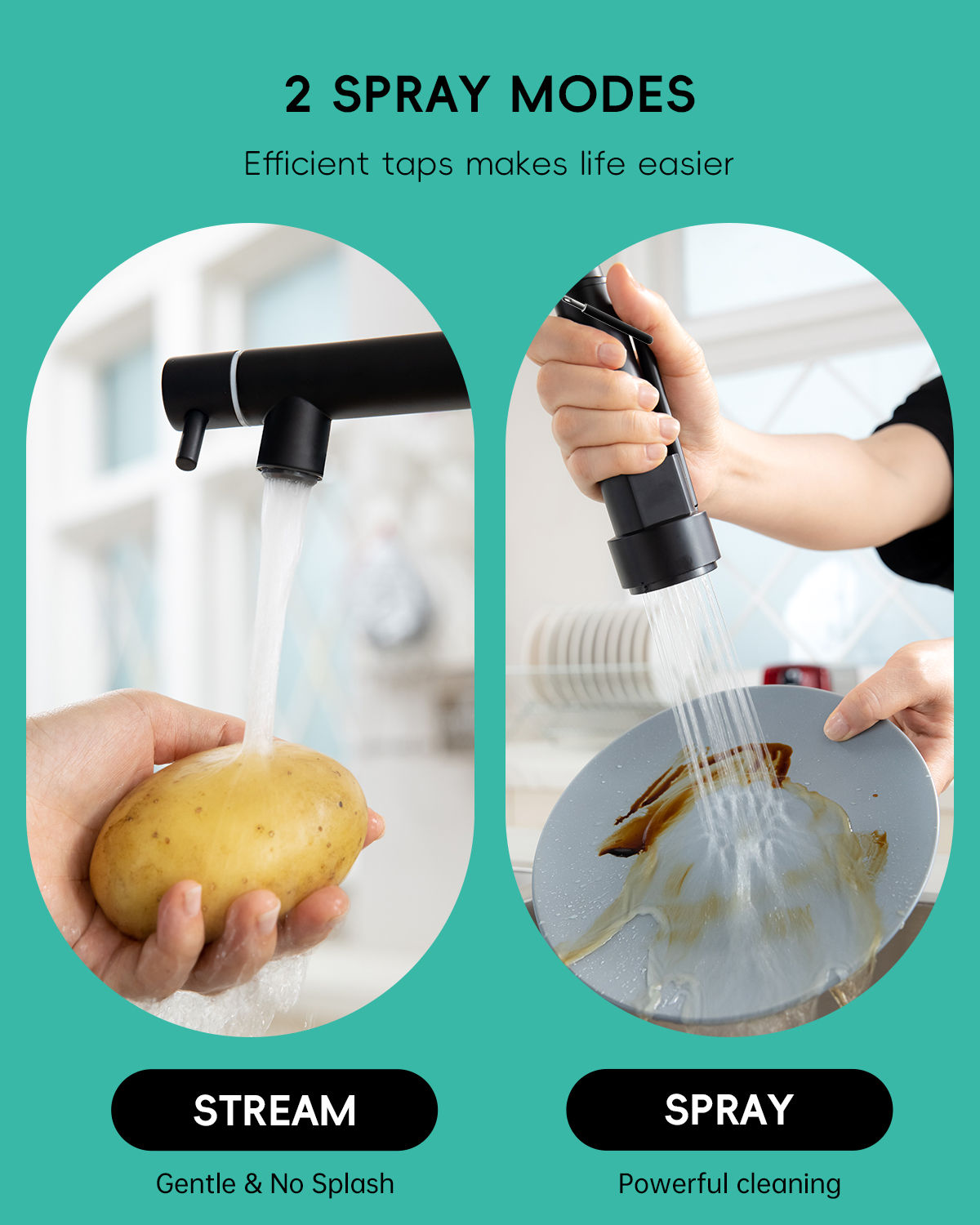 DAYONE Matte Black Dual Spout Spring Kitchen Mixer Tap — detail view 3