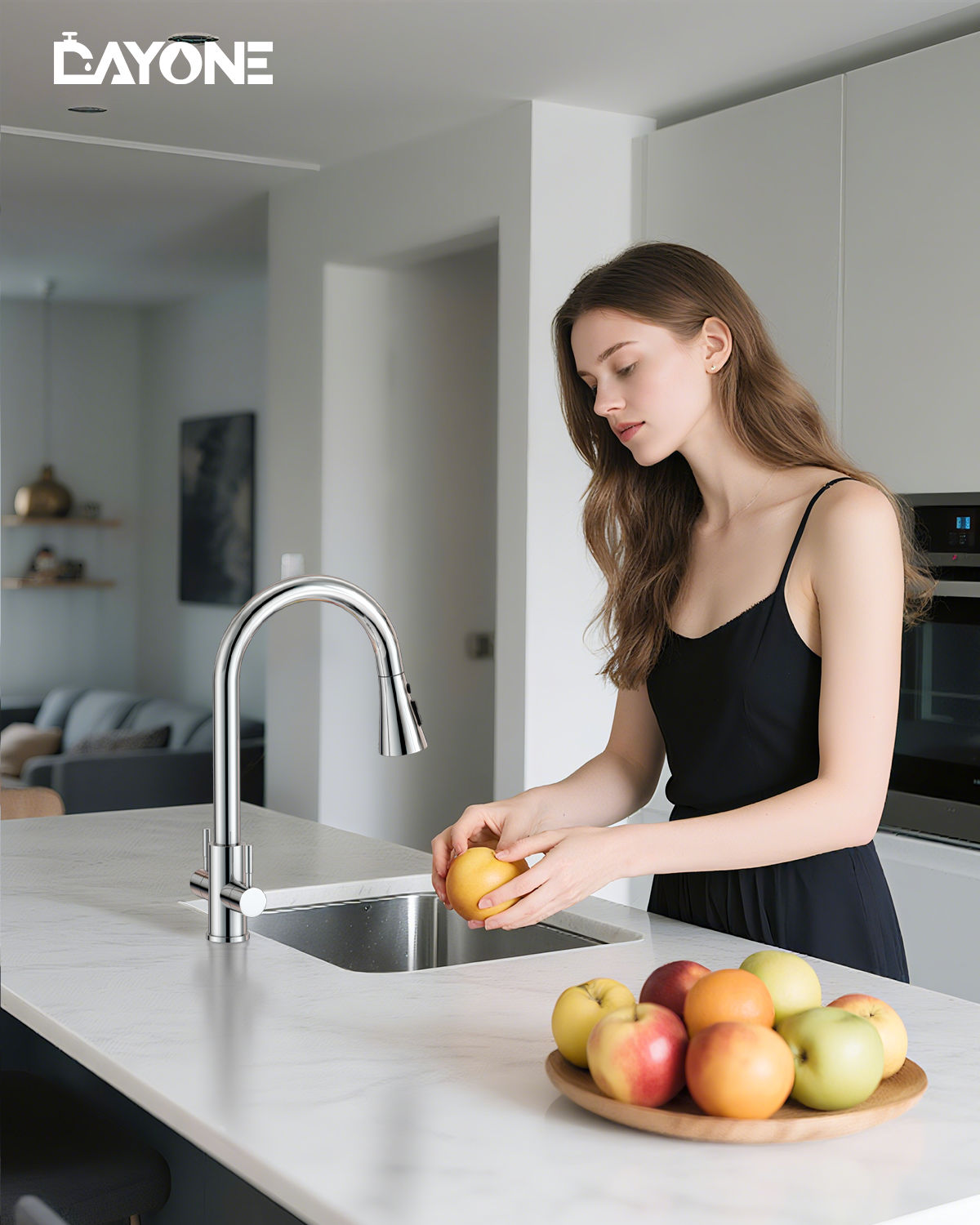 DAYONE Chrome Dual Lever Pull-Out Kitchen Tap — detail view 3