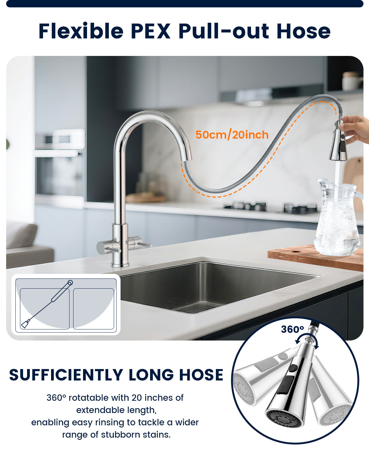 DAYONE Chrome Dual Lever Pull-Out Kitchen Tap — detail view 5