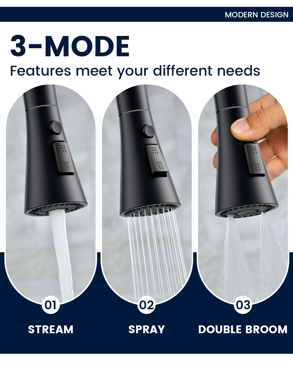 DAYONE Matte Black Dual Lever Pull-Out Kitchen Tap — detail view 2