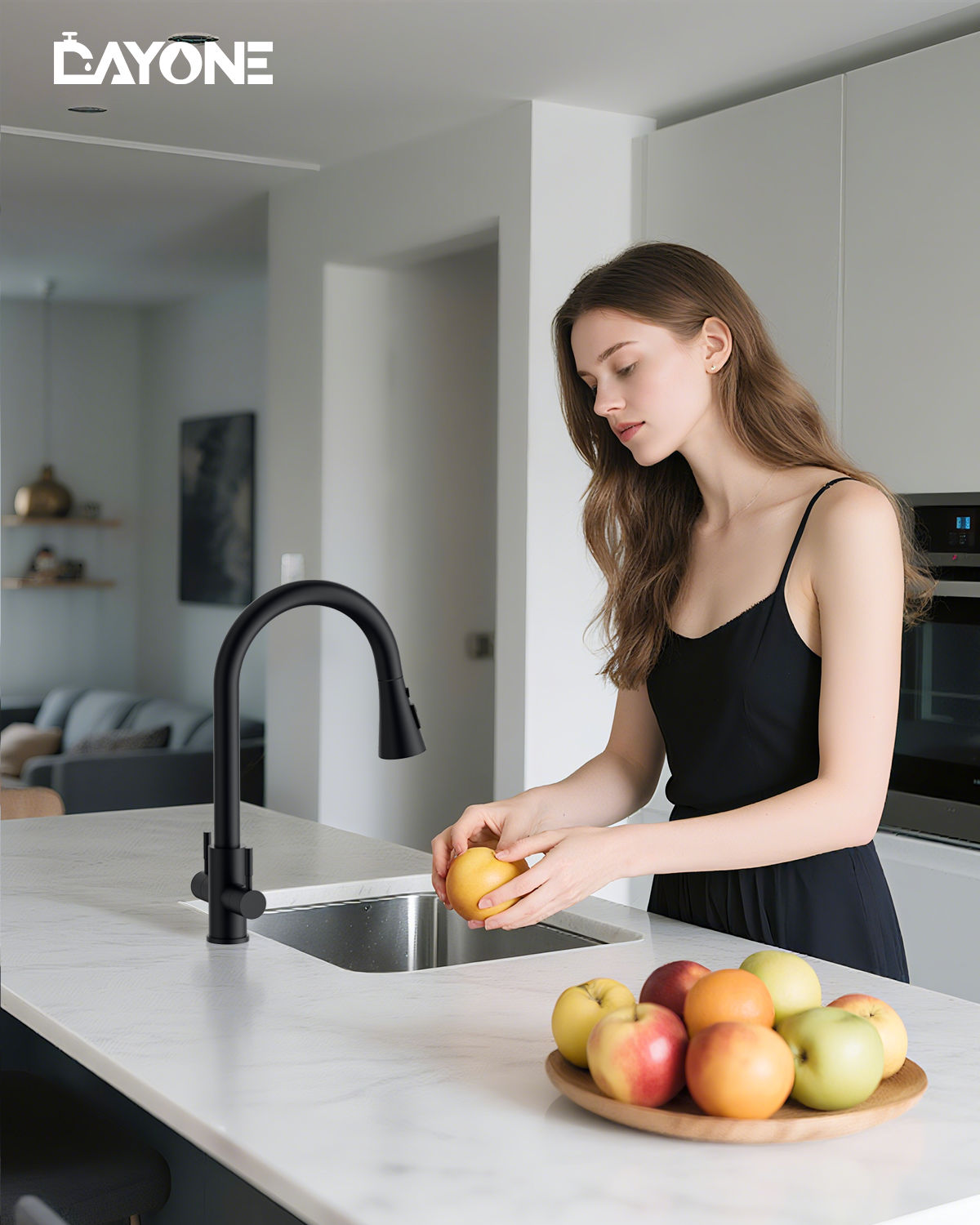 DAYONE Matte Black Dual Lever Pull-Out Kitchen Tap — detail view 3