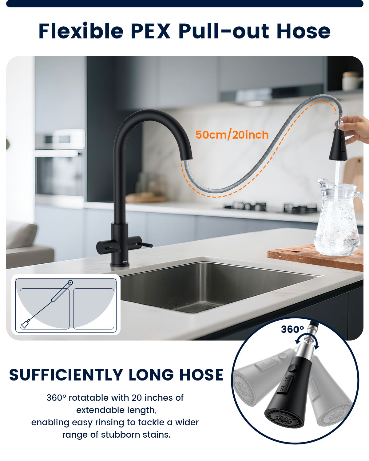 DAYONE Matte Black Dual Lever Pull-Out Kitchen Tap — detail view 4