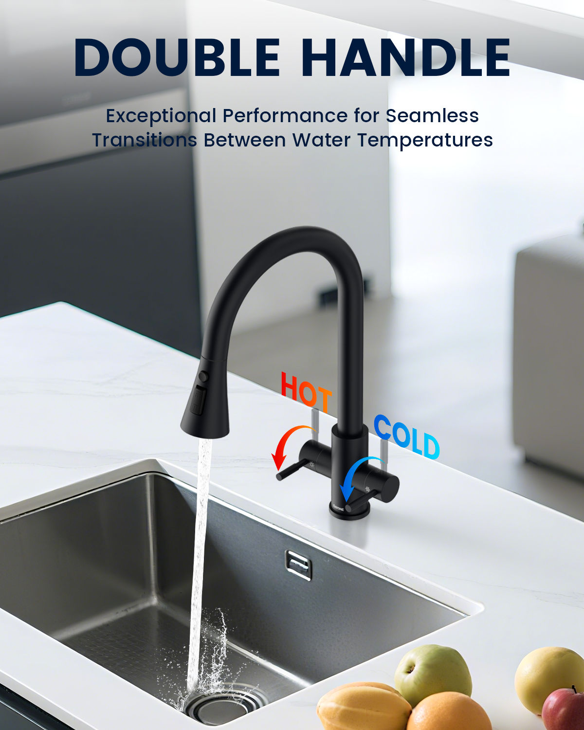 DAYONE Matte Black Dual Lever Pull-Out Kitchen Tap — detail view 5