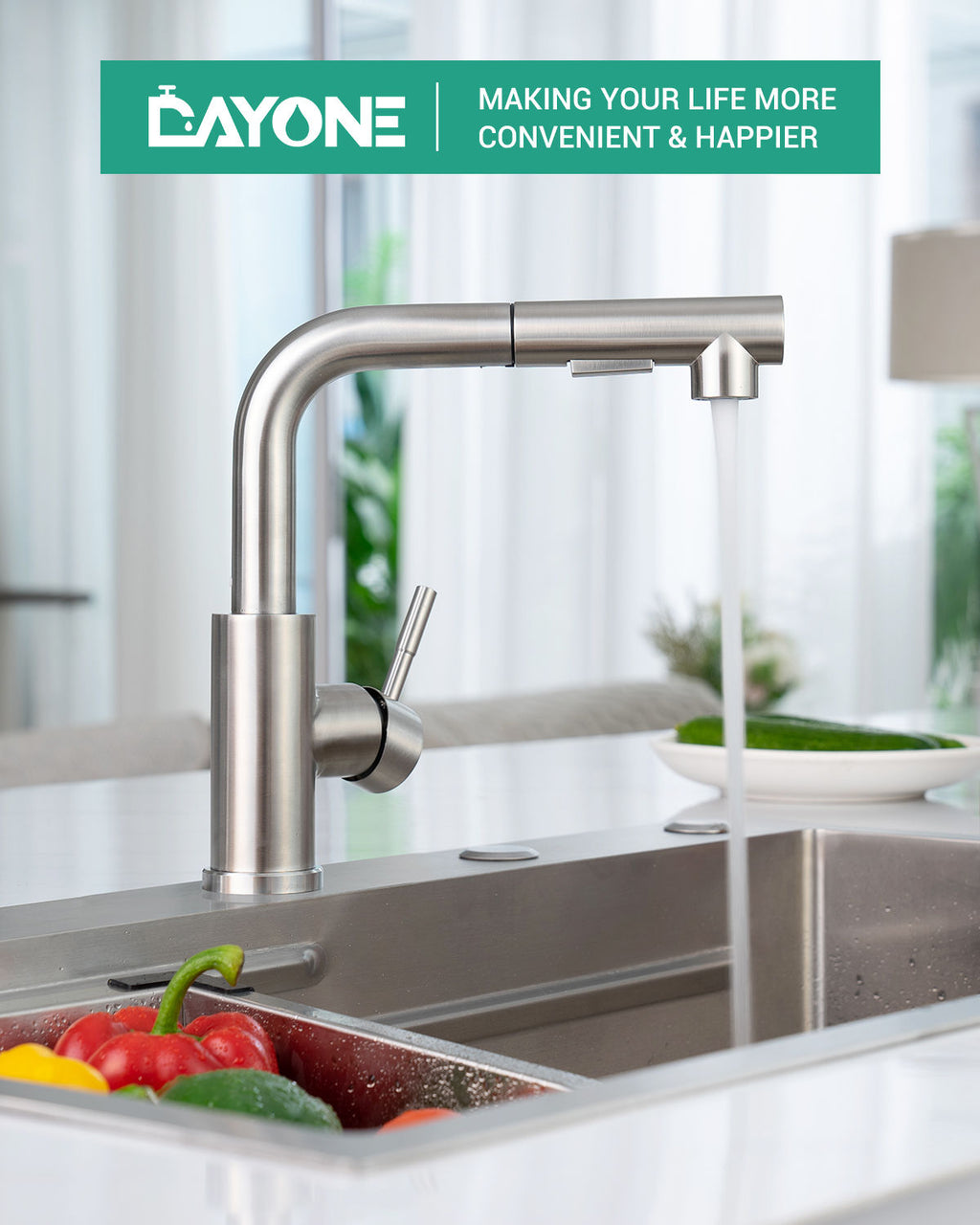 DAYONE Brushed Steel Pull-Out Kitchen Tap with Two Spray Modes — detail view 2