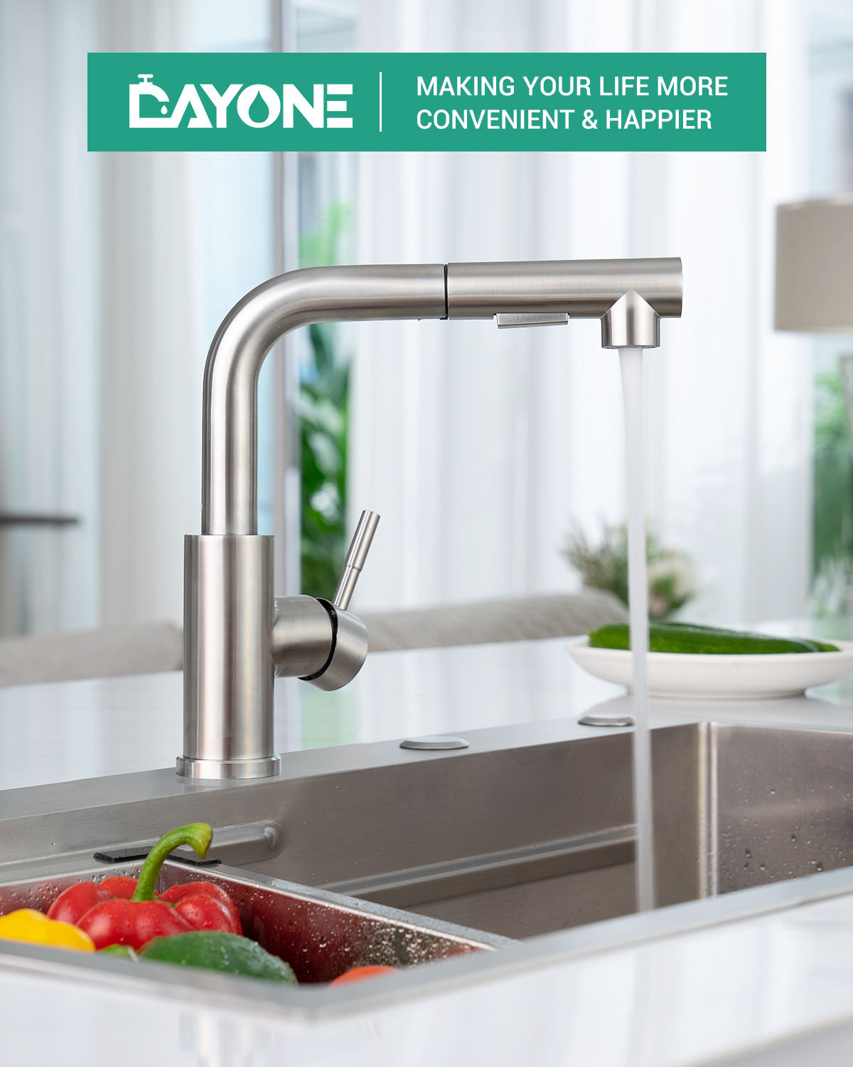 DAYONE Brushed Steel Pull-Out Kitchen Tap with Two Spray Modes — detail view 2