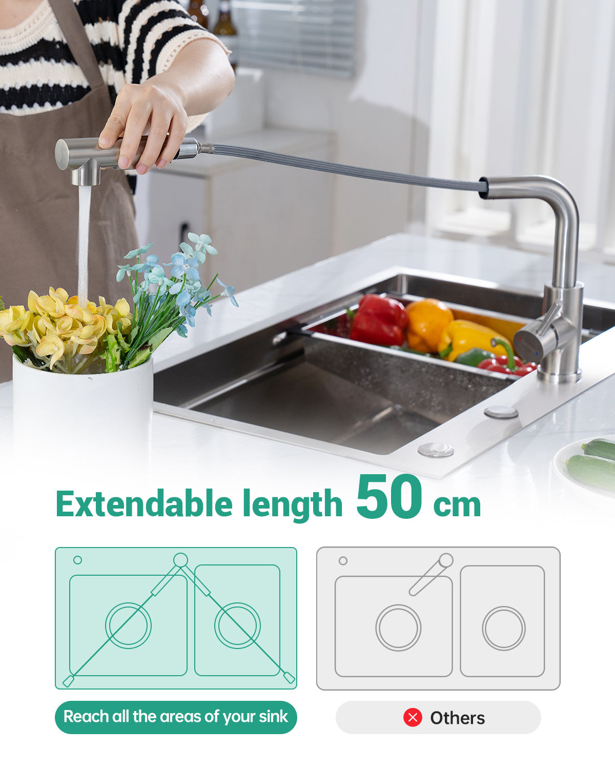 DAYONE Brushed Steel Pull-Out Kitchen Tap with Two Spray Modes — detail view 3