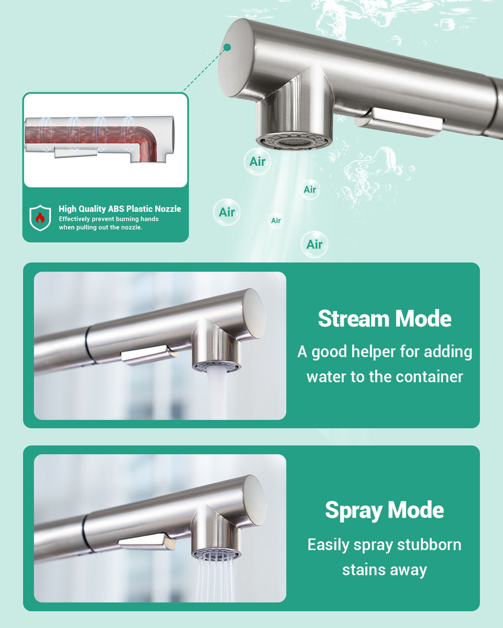 DAYONE Brushed Steel Pull-Out Kitchen Tap with Two Spray Modes — detail view 5