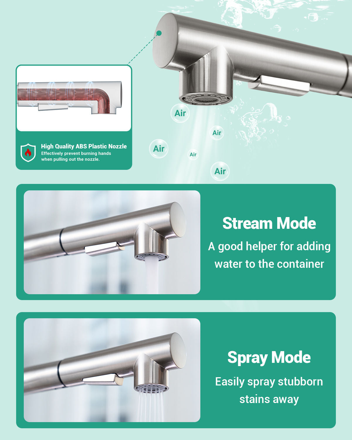 DAYONE Brushed Steel Pull-Out Kitchen Tap with Two Spray Modes — detail view 5