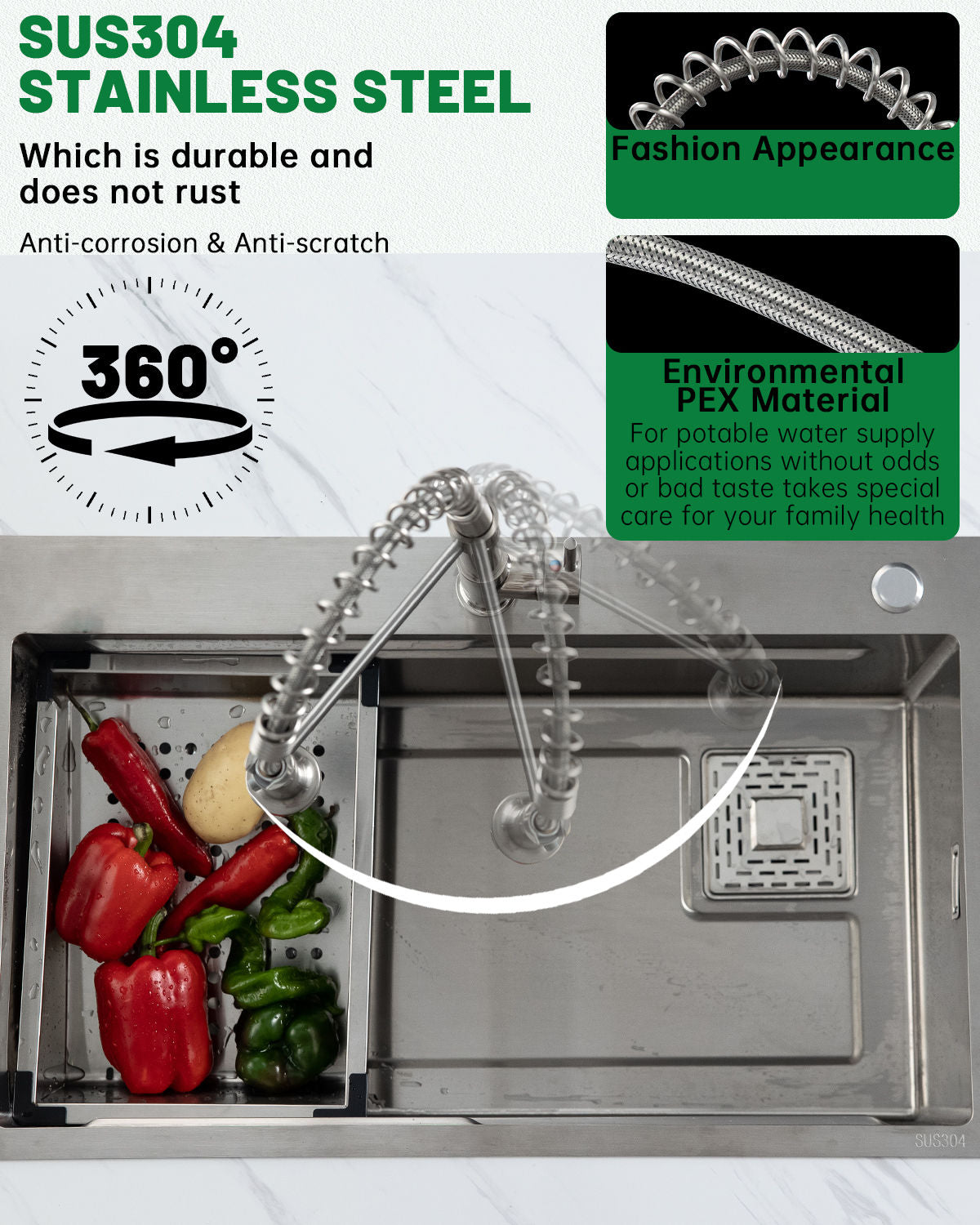 DAYONE Brushed Nickel Spring Pull-Down Kitchen Tap — detail view 2