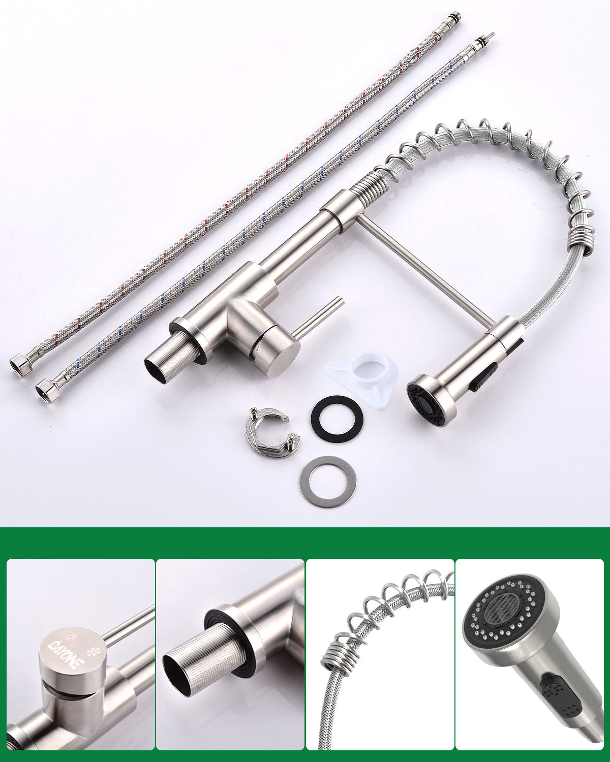 DAYONE Brushed Nickel Spring Pull-Down Kitchen Tap — detail view 5