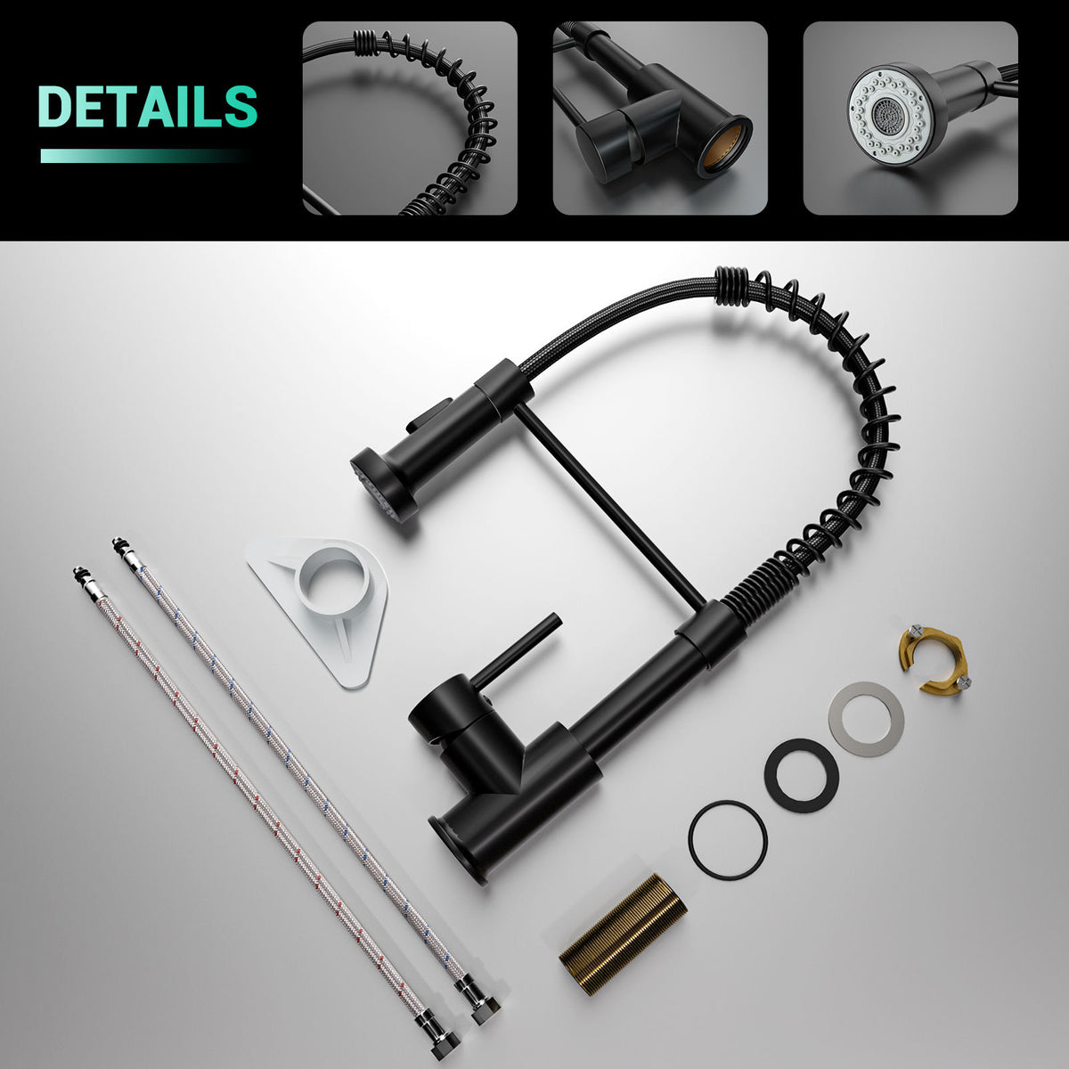 DAYONE Matte Black Spring Pull-Down Kitchen Tap — detail view 4