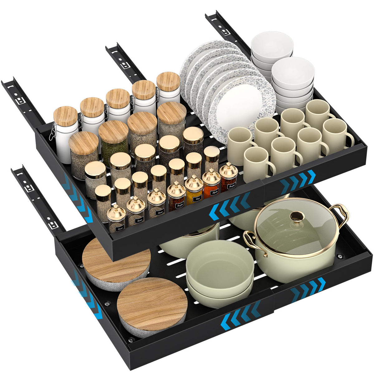 DAYONE Matte Black Adjustable Pull-Out Cabinet Organisers, Set of 2 — product view