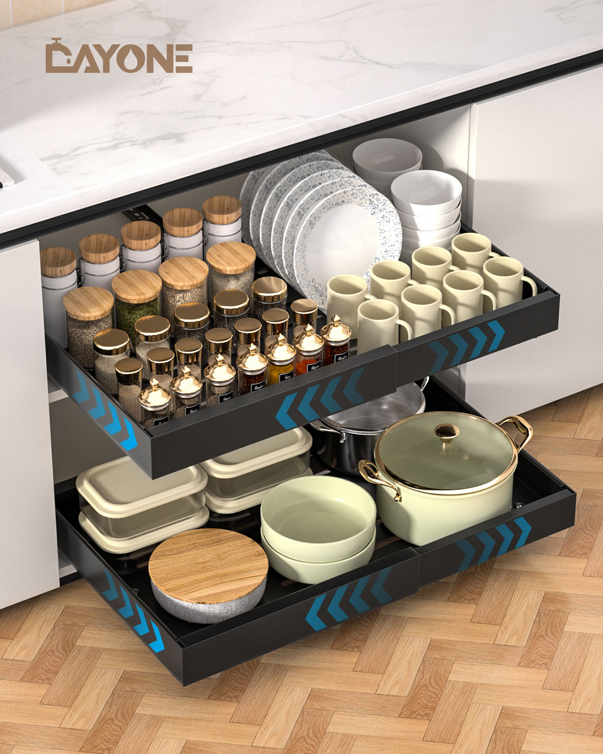 DAYONE Matte Black Adjustable Pull-Out Cabinet Organisers, Set of 2 — detail view 2