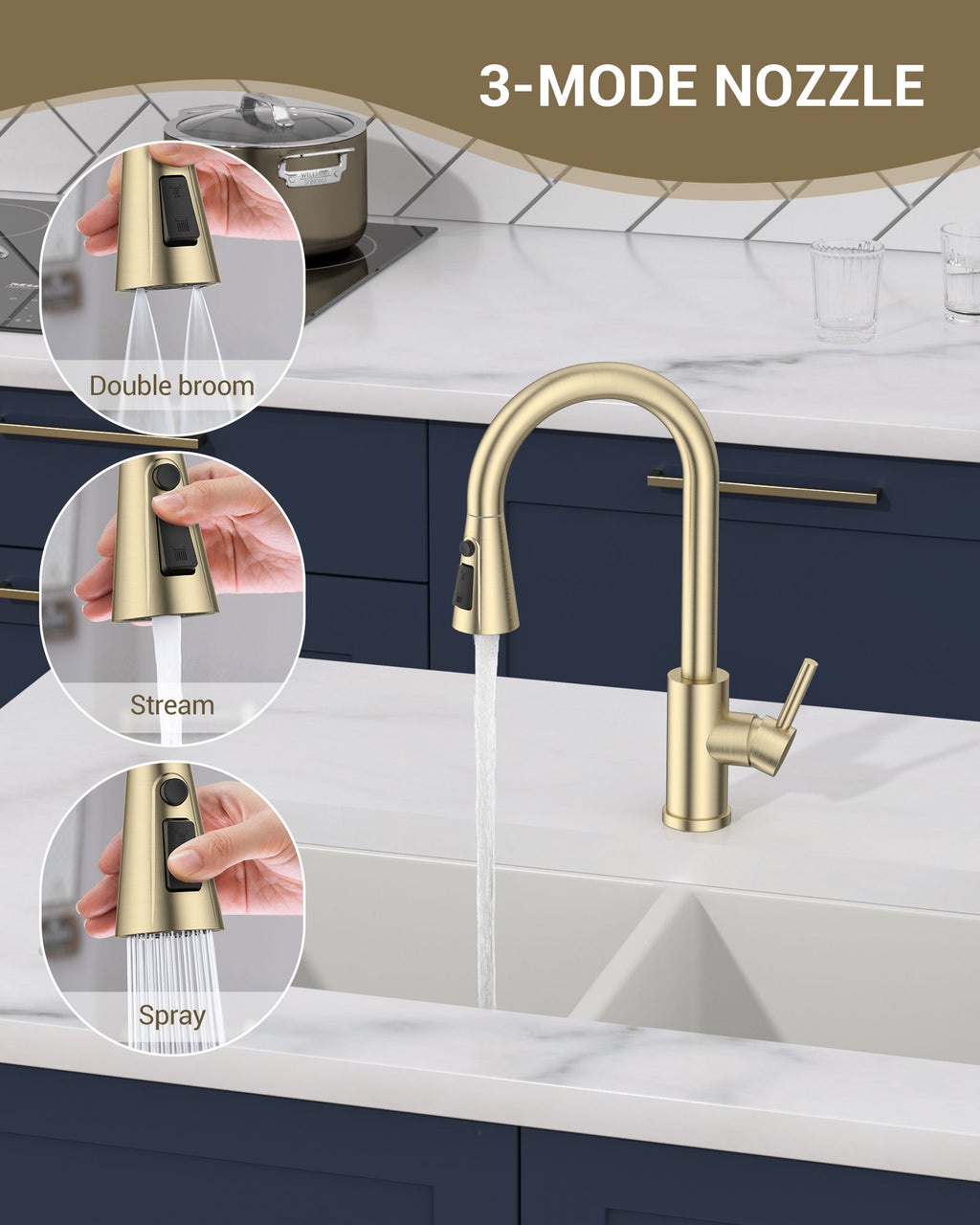 DAYONE Brushed Gold Pull-Out Kitchen Mixer Tap — detail view 2