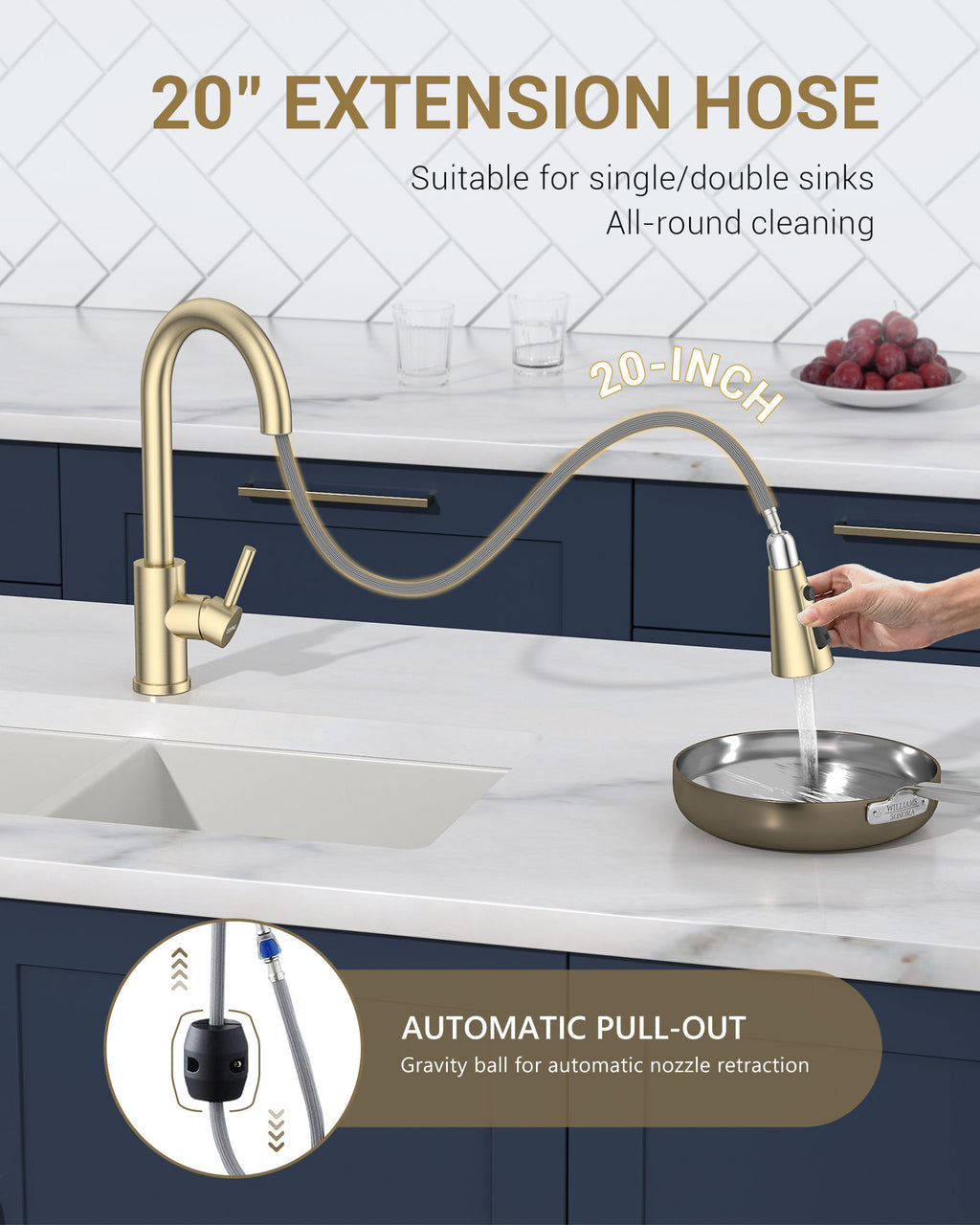 DAYONE Brushed Gold Pull-Out Kitchen Mixer Tap — detail view 3