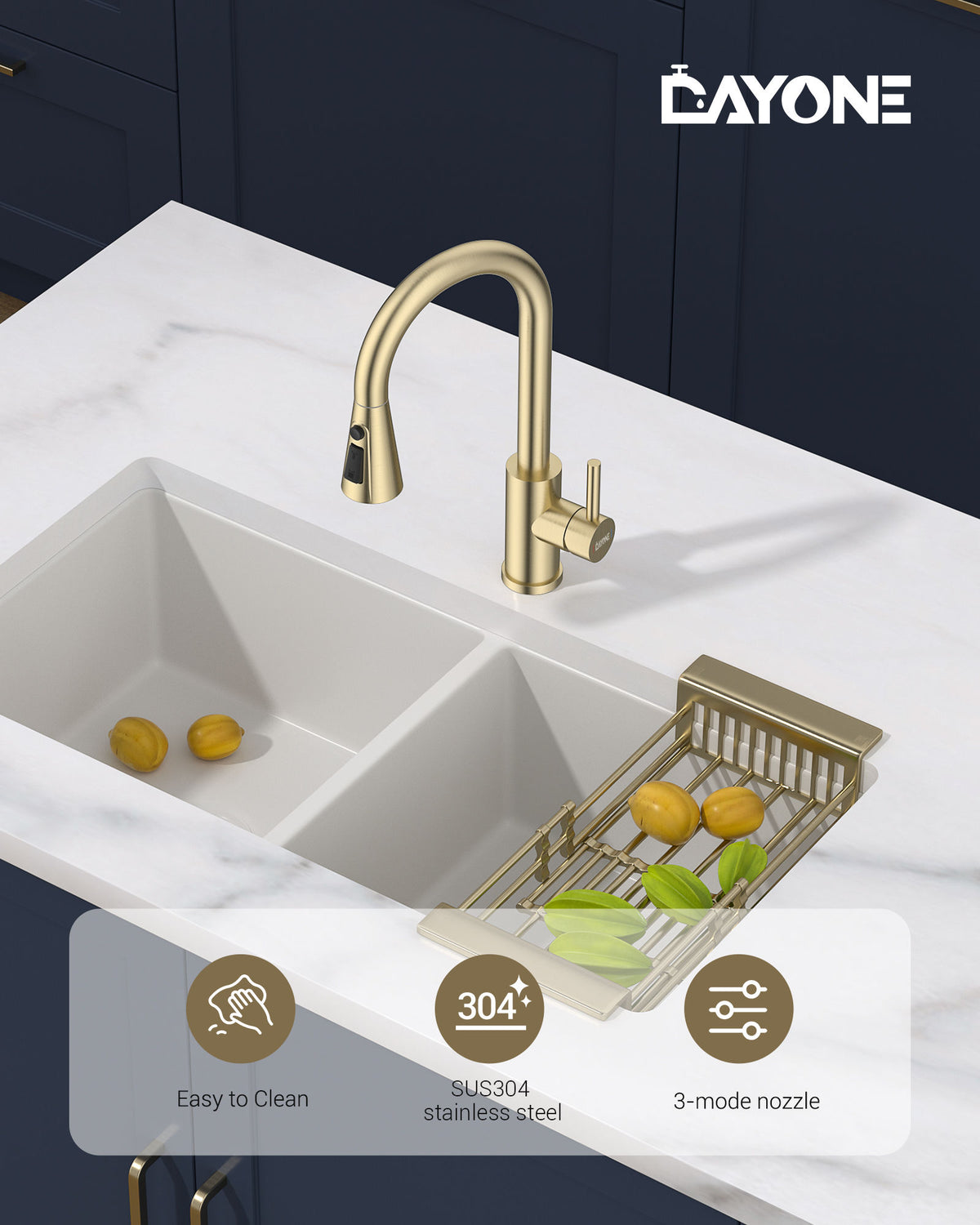 DAYONE Brushed Gold Pull-Out Kitchen Mixer Tap — detail view 4