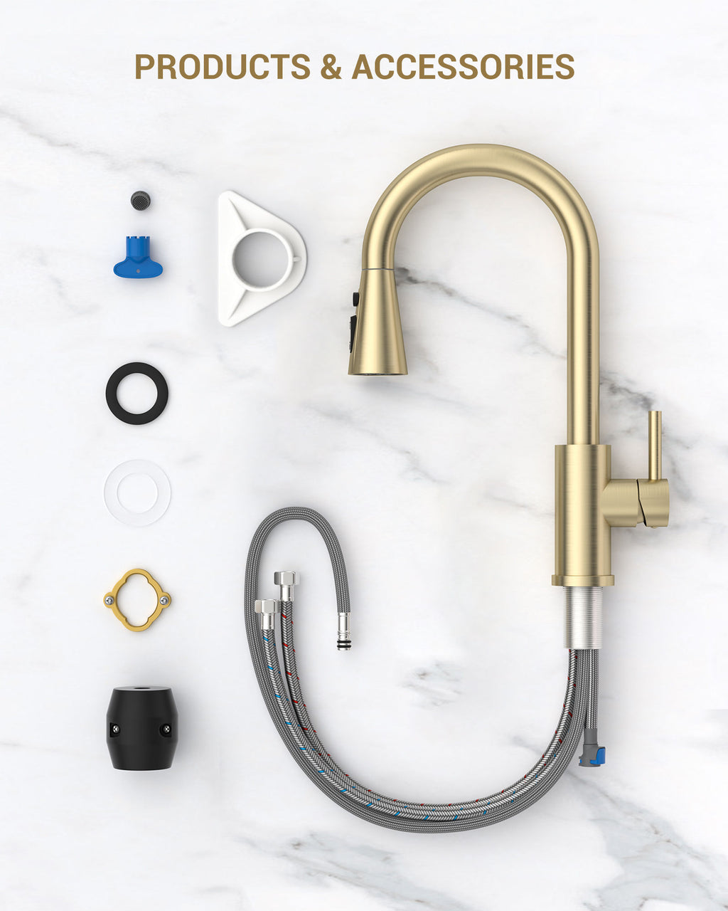 DAYONE Brushed Gold Pull-Out Kitchen Mixer Tap — detail view 5