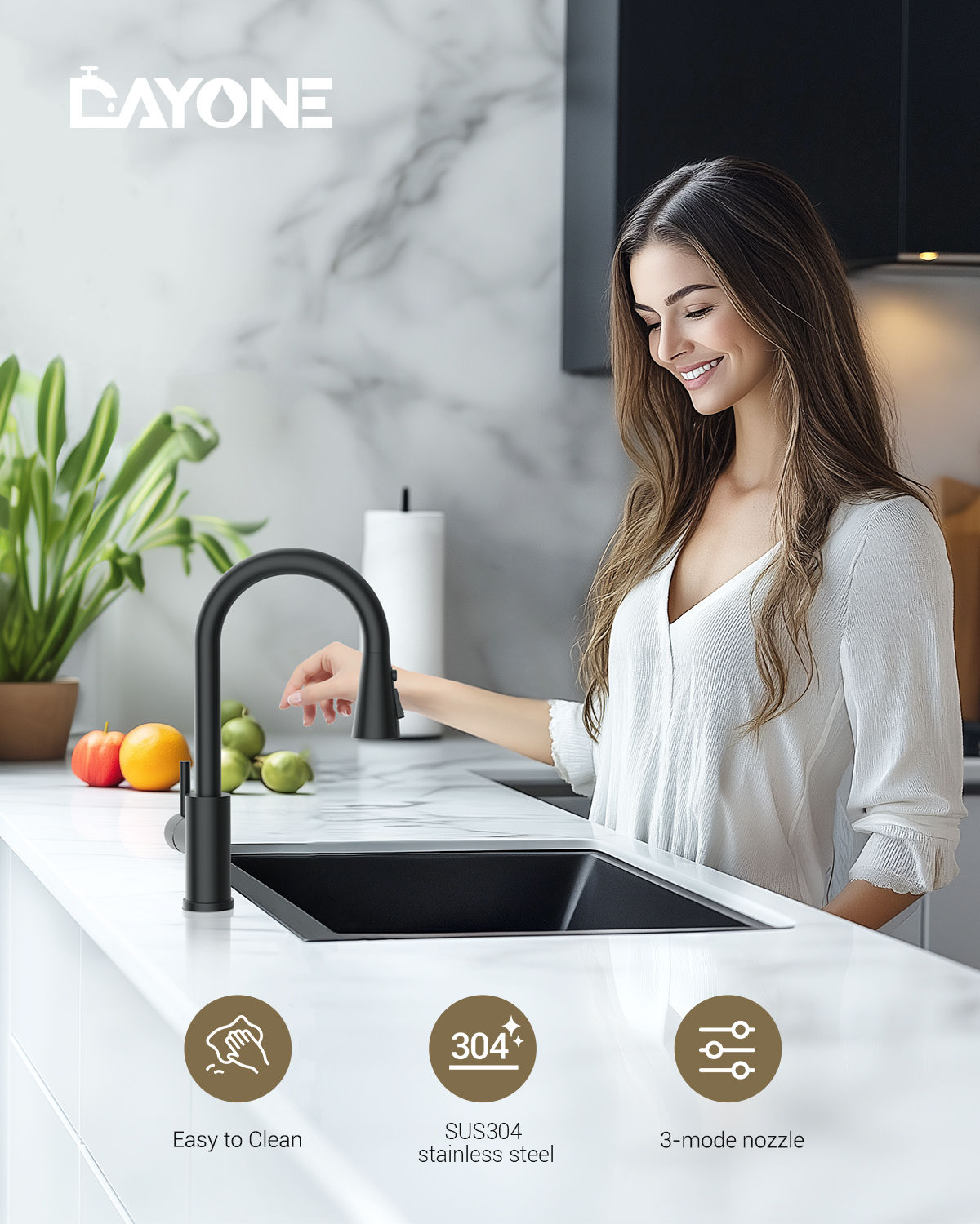 DAYONE Matte Black Pull-Out Kitchen Mixer Tap — detail view 2