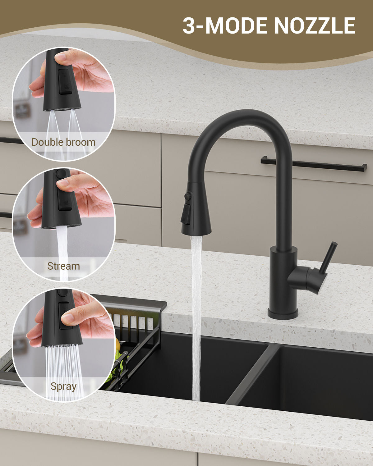 DAYONE Matte Black Pull-Out Kitchen Mixer Tap — detail view 3